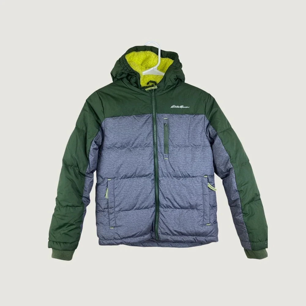 Eddie Bauer Puffer Jacket Boys Sz S 7/8 Green Grey Down Hooded Winter Jacket